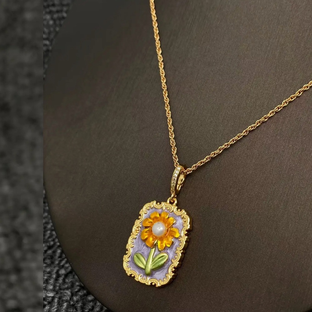 Gold Sunflower inlaid Pearl Art Pendant Necklace in Purple and Green. New. - Picture 6 of 15